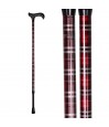 Vue complète de la canne réglable Stuart à tartan rouge, trés élégante pour homme et femme
