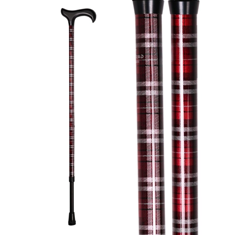 Vue complète de la canne réglable Stuart à tartan rouge, trés élégante pour homme et femme