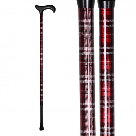 Vue complète de la canne réglable Stuart à tartan rouge, trés élégante pour homme et femme