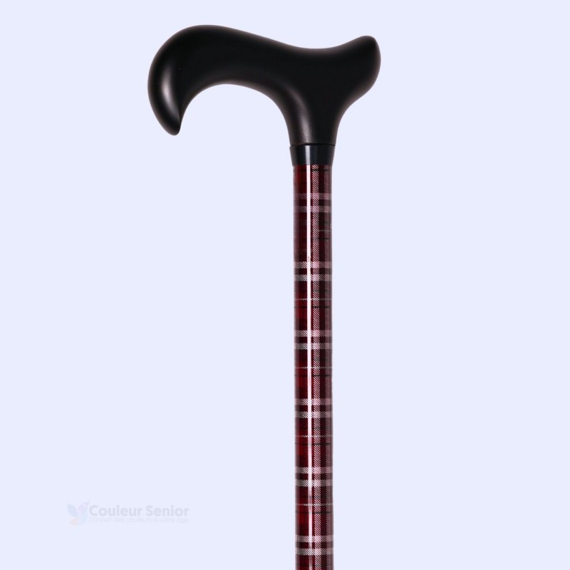Canne réglable Stuart à tartan rouge et noir, vue de profil, trés légère et pratique.
