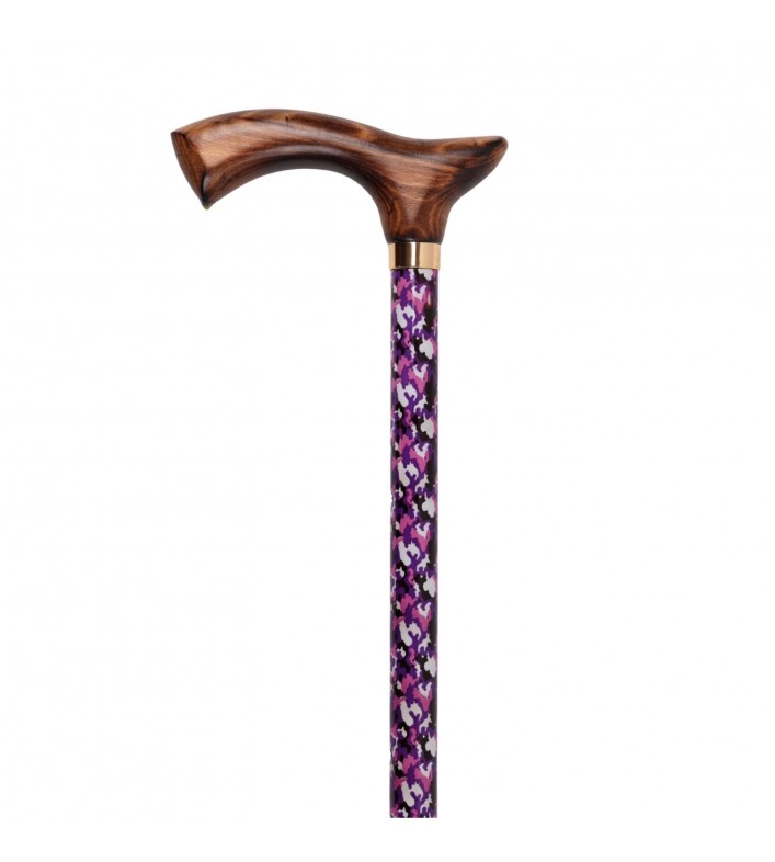 Canne de marche Cassis réglable en aluminium, avec poignée en bois camouflage rose.