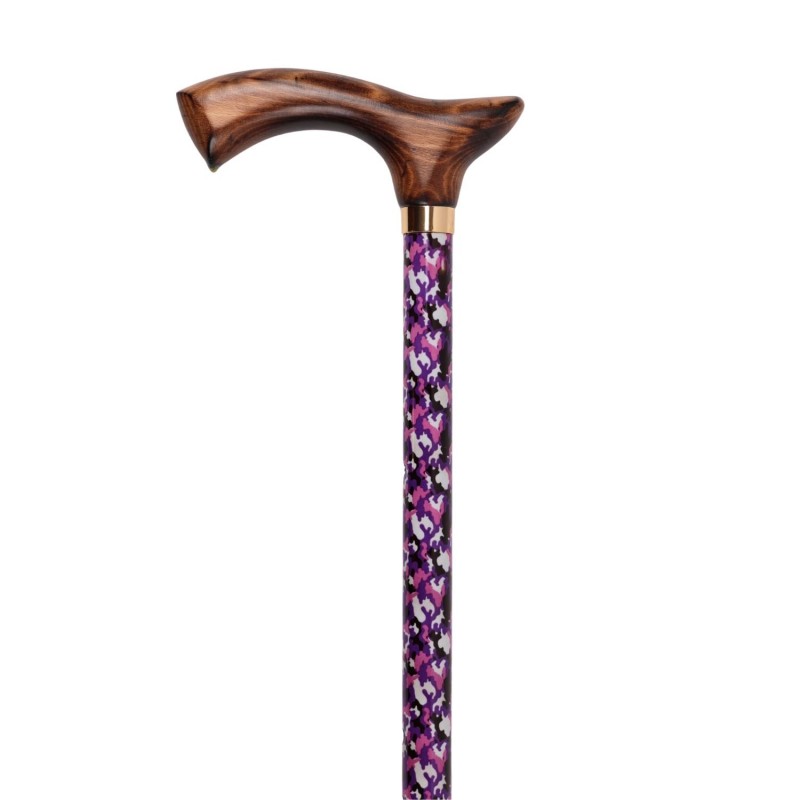 Canne de marche Cassis réglable en aluminium, avec poignée en bois camouflage rose.