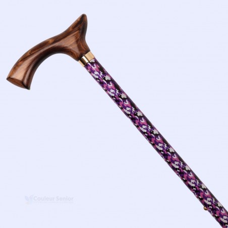 Détail de cette canne de marche Cassis en aluminium au look audacieux et féminin. Poignée Fritz en bois.