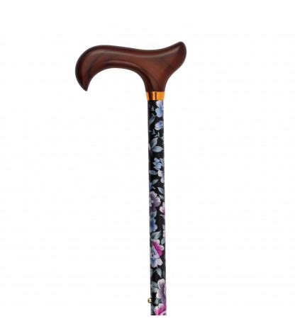Canne de marche réglable pour femme Nocturne fleurs, poignée en bois ergonomique bonne prise en main.