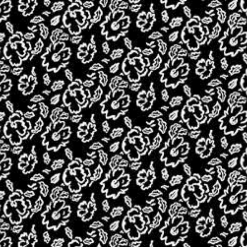 Détail tissu genouillère magnétique motif floral imprimé blanc contour fleurs feuilles fond noir élasthomère 75% polyamide 25%