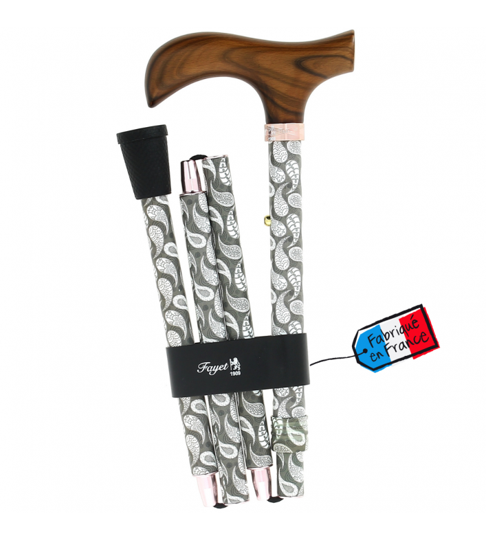 Canne pliante réglable alu gris pierre cachemire et poignée bois Canne pliante réglable alu gris pierre cachemire et poignée bois