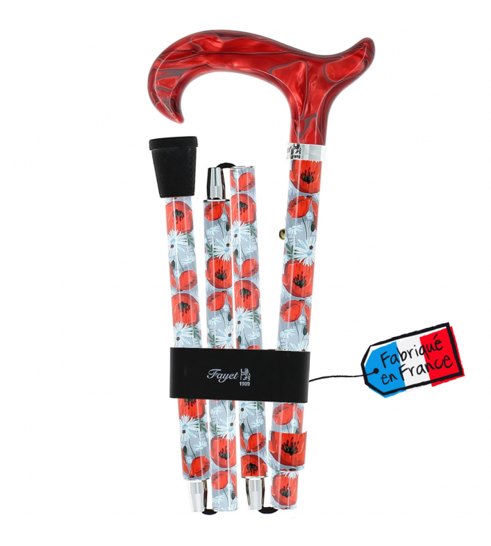 Canne pliante réglable alu coquelicots et poignée plexiglass rouge Canne pliante réglable alu coquelicots et poignée plexiglass rouge