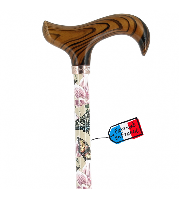 Canne de marche réglable, ornée de jolis motifs de papillons et d’une poignée en bois. Une idée de cadeau pour une femme.