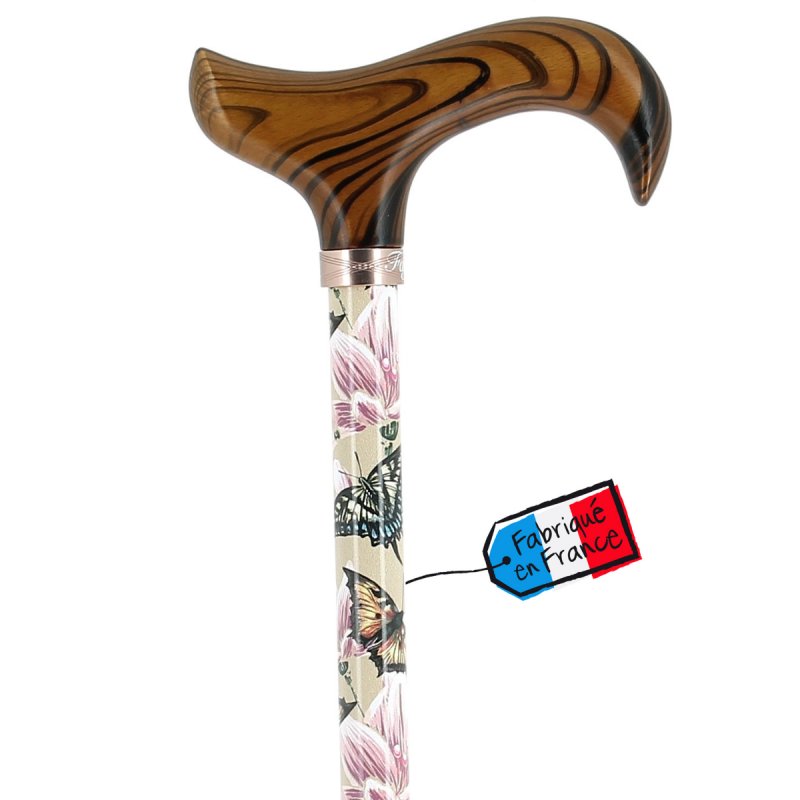 Canne de marche réglable, ornée de jolis motifs de papillons et d’une poignée en bois. Une idée de cadeau pour une femme.