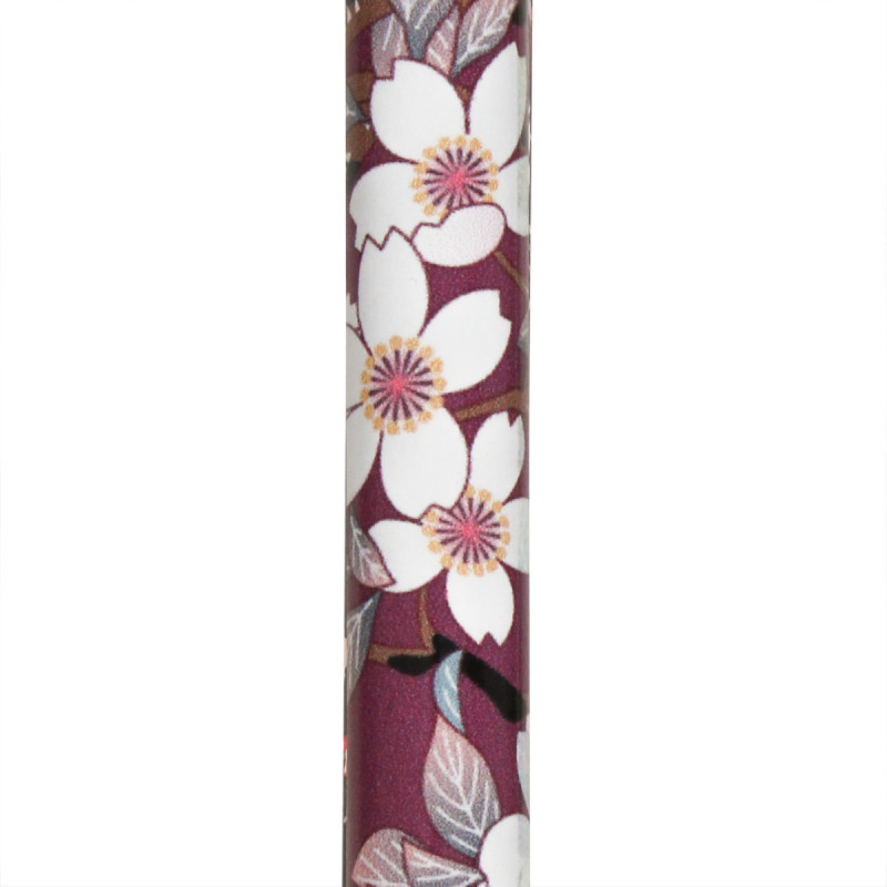 Canne pliante réglable en aluminium style vieux rose avec fleurs et poignée en plexiglas violine.