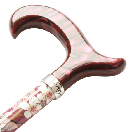 Canne de marche vieux rose avec fleurs et poignée derby en plexiglas violine.