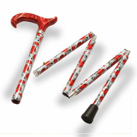 Canne pliante réglable alu coquelicots et poignée plexiglass rouge Canne pliante réglable alu coquelicots et poignée plexiglass rouge