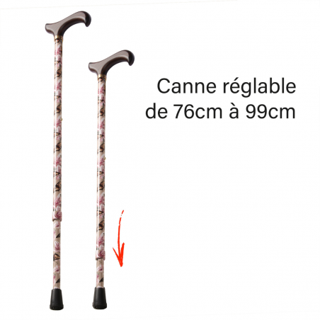 Système de réglage en hauteur sécurisé de la canne de marche à motif papillon et fleurs, subtile et élégante de la marque FAYET.